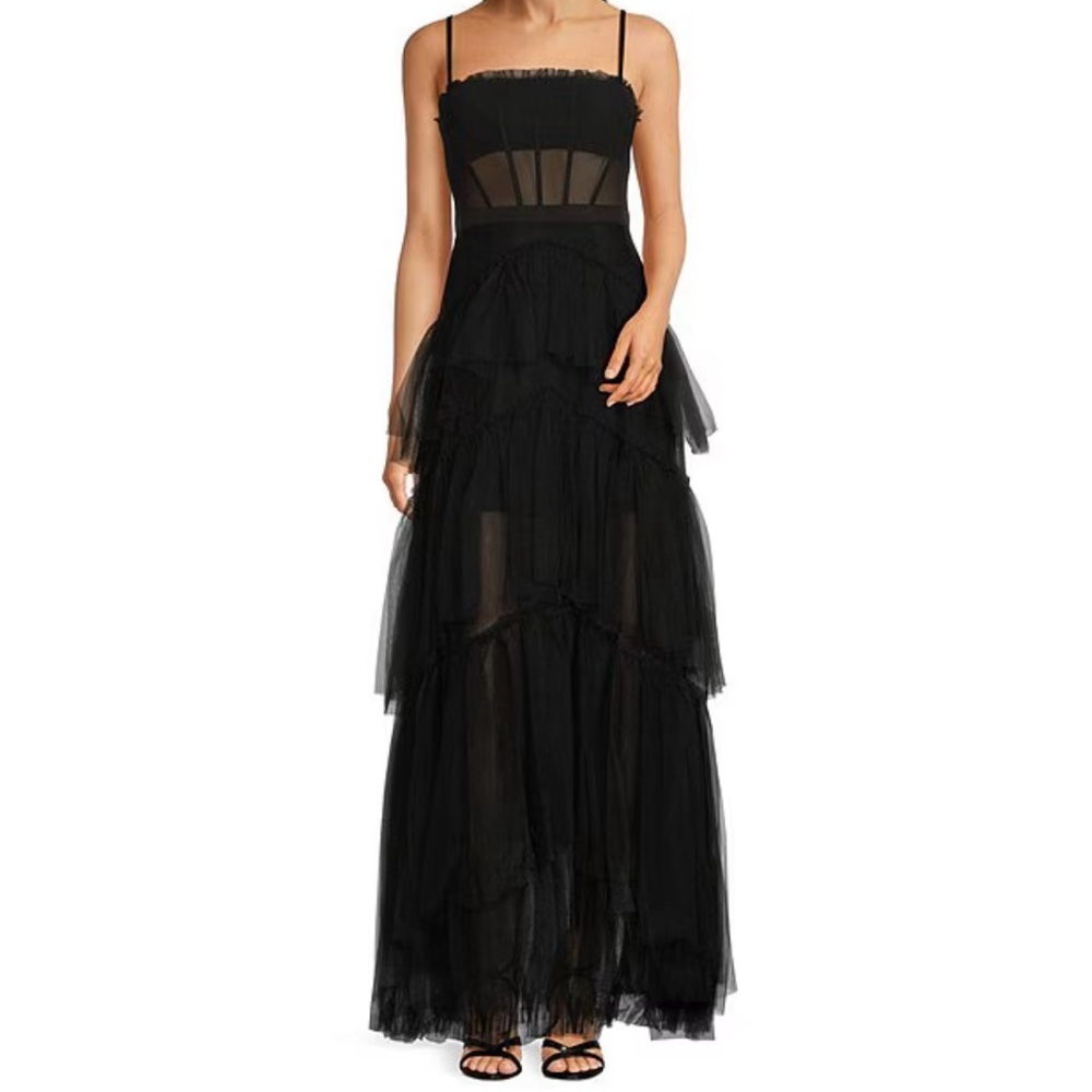 Betsy & Adam Tiered Ruffled Mesh Sleeveless Gown